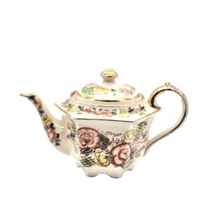 Vintage Sadler England Ceramic Hexagon Teapot W/Flowers & Gold Trim Retro Rare